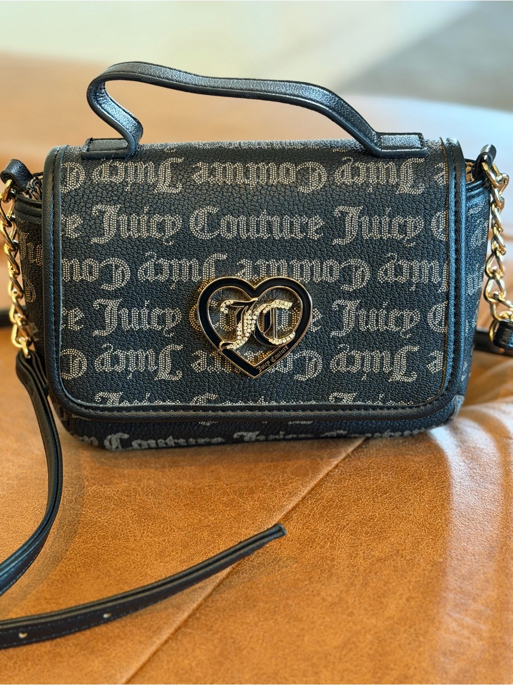 EUC Juicy Couture Black Monogram Rhinestone Heart Crossbody Bag